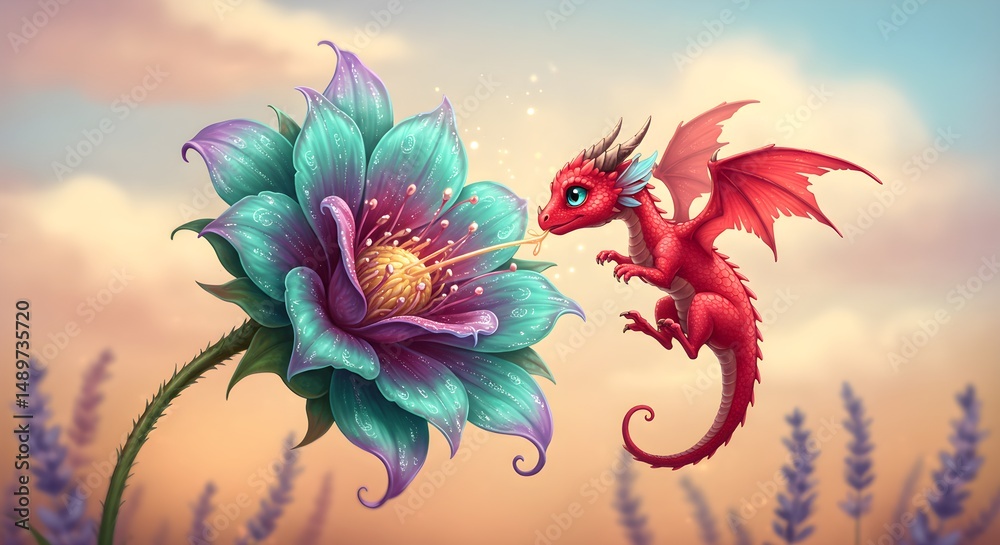 Fototapeta premium Red dragon with fantasy flower cartoon illustration for children project