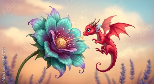 Red dragon with fantasy flower cartoon illustration for children project