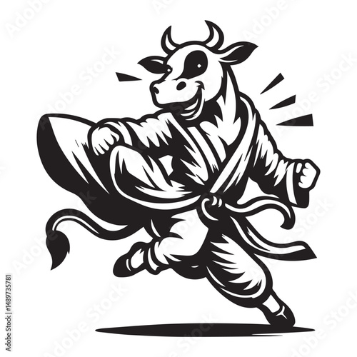 Hero Cow in Kung Fu Pose – Dynamic Animal Logo Vector