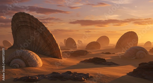 Serene desert landscape with rock formations at sunset warm colored sand