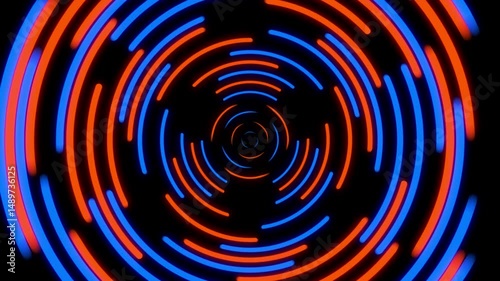 animated concentric rings of glowing neon lines in contrasting colors of blue and orange against a black background
