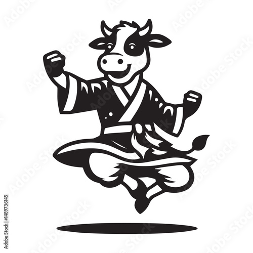 Jumping Kungfu Cow Logo – Fighting Animal Mascot Vector Illustration