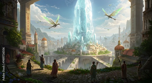 Spectacular ice city digital artwork with ancient architecture and dragons