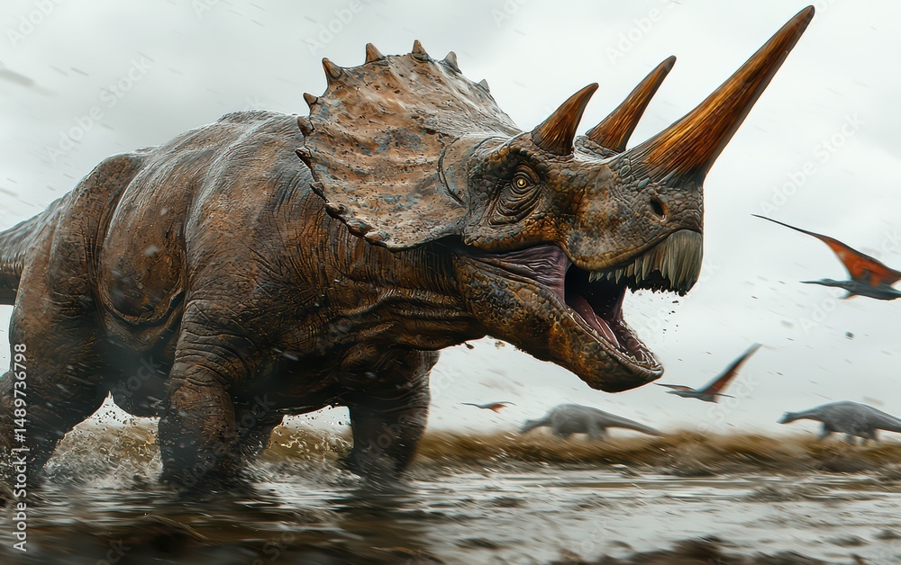 Fototapeta premium Powerful Triceratops Roaming in a Prehistoric Landscape