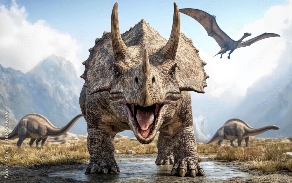 Fototapeta premium Majestic Triceratops in a Lush Prehistoric Landscape with Pterodactyls