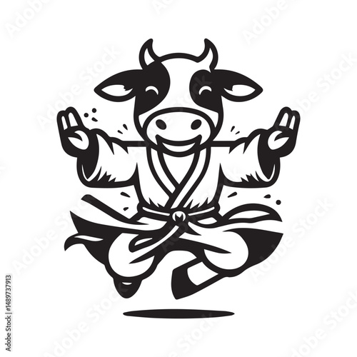 Jumping Kungfu Cow Logo – Fighting Animal Mascot Vector Illustration