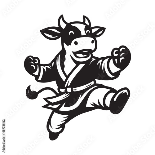 Jumping Kungfu Cow Logo – Fighting Animal Mascot Vector Illustration