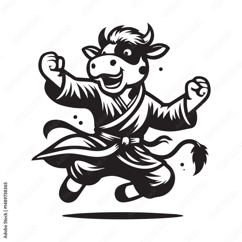 Fototapeta premium Leaping Cow Fighter Logo – Powerful Kungfu Animal Character Design