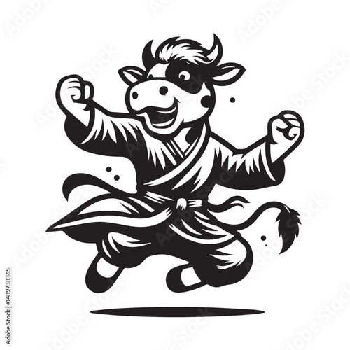 Leaping Cow Fighter Logo – Powerful Kungfu Animal Character Design