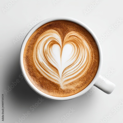 Artistic heart-shaped latte art adorning a well-crafted cappuccino in a pristine white cup viewed from above, showcasing barista's skill and attention to detail.