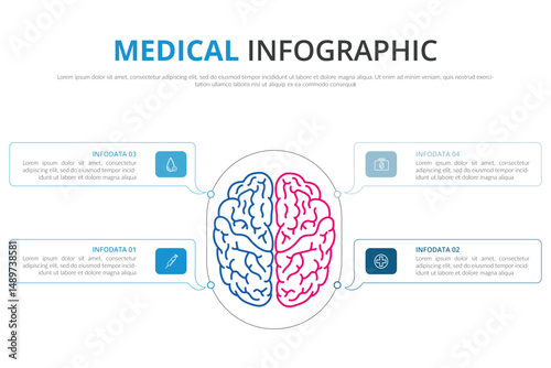 Left and right human brain concept. Logic and creative hemispheres infographics with brain and icons of science, sense of time, language, creative, art, intuition, imagination, vector illustration