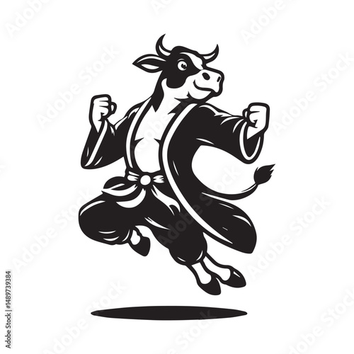 Leaping Cow Fighter Logo – Powerful Kungfu Animal Character Design