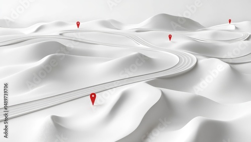 White terrain map with winding paths and red markers