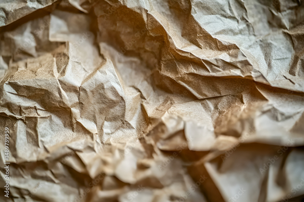 Naklejka premium Close up textured macro shot of crumpled brown paper with shadows and an abstract organic wrinkled surface.
