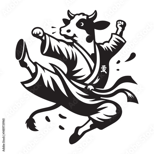 Kung Fu Cow Mascot Logo – Jumping Martial Arts Animal Vector