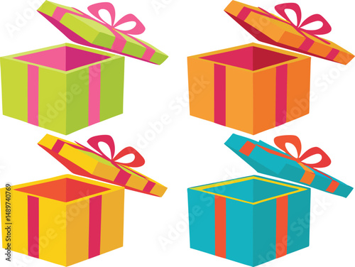 Four colorful gift boxes with open lids and ribbons in green orange yellow and blue on white background