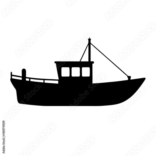 Black Fishing Boat with Cabin and Mast Icon Isolated vector illustration