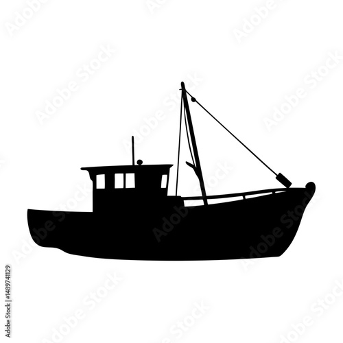 Black Fishing Boat with Cabin and Mast Icon Isolated vector illustration