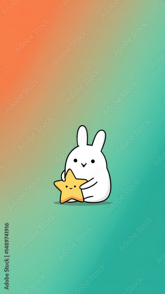Obraz premium Adorable White Pixel Art Bunny Hugging Gold Star on Teal Orange Gradient