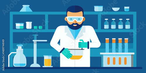  Scientist Mixing Chemicals in Lab with Safety Gear and Modern Equipment Vector Illustration