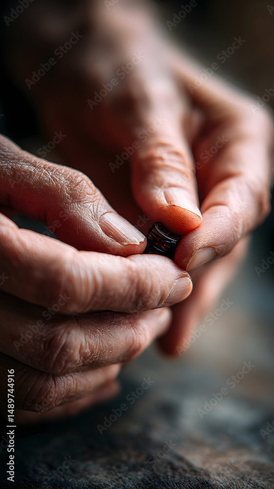 Obraz premium A tender moment captured as weathered hands carefully apply a healing essence, evoking warmth and care.