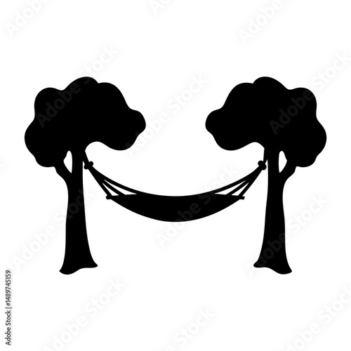 hammock tied between trees black silhouette icon vector illustration