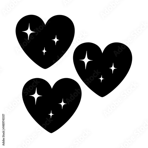 hearts with sparkling stars black silhouette vector illustration