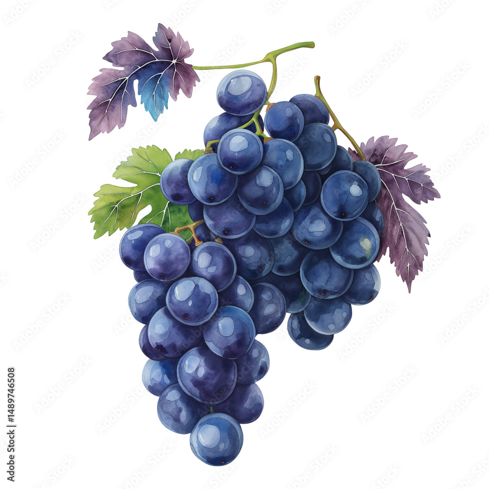 Fototapeta premium Lush dark grapes vine isolated on white background 