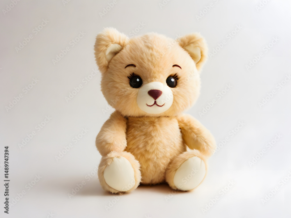 Fototapeta premium A cute and fluffy light brown teddy bear with big eyelashes sits on a white background.