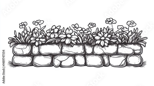 Stone flowerbed, blooming flowers, garden, spring, nature, design element