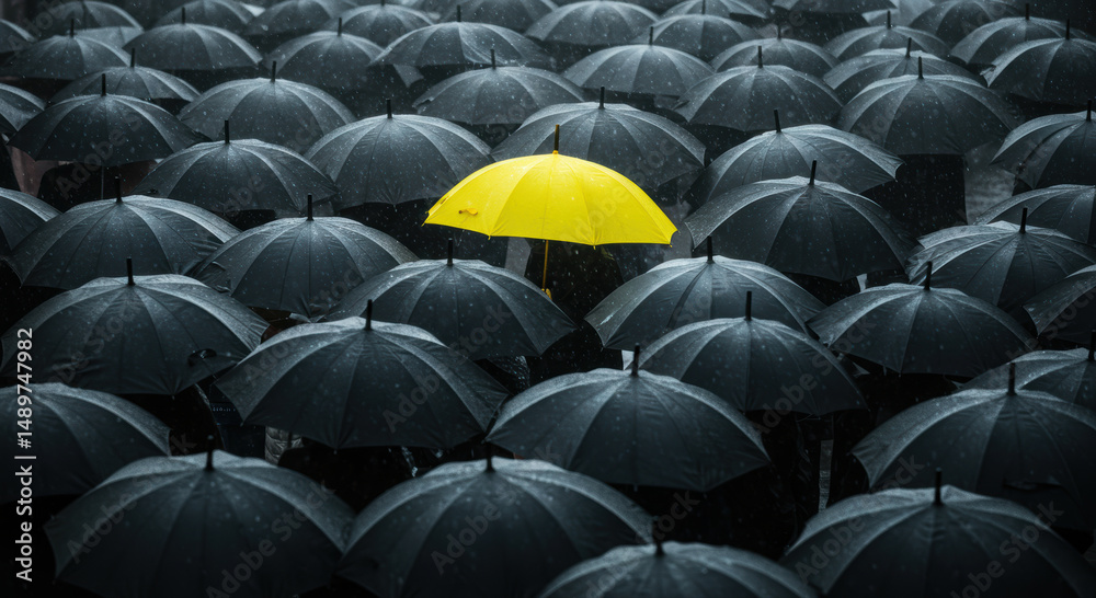 Obraz premium A vibrant yellow umbrella stands out from a sea of black umbrellas in the rain.