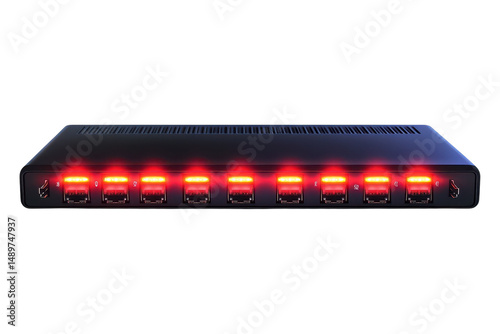 Connecting with Red Power A Sleek Network Switch Hub Illuminating Connectivity in the Digital on transparent background