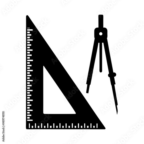 Ruler and set square drafting tool silhouette vector illustration