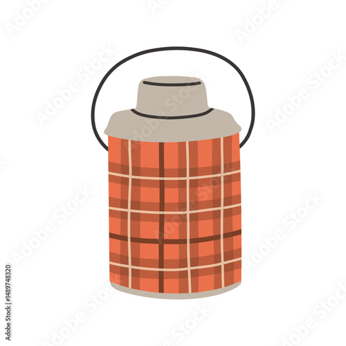 Simple camping big red thermos. Outdoor camp thermos bottle isolated flat design for hot drinks and soup