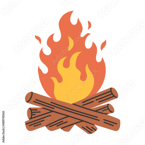 Simple bonfire. Vector illustration of a wood fire. Fire, flame, campfire on a white background. The campfire illustration is suitable for designs on the theme of summer camp, hiking and picnics.