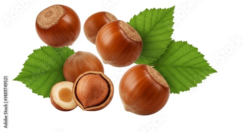 An arrangement of whole and halved hazelnuts, complemented by lush green leaves on a black backdrop.