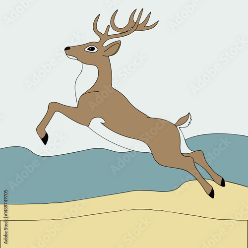 Vector illustration of a deer leaping high into the sky with dynamic motion and stylized design elements.
