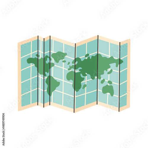 World map on paper. Camping map. GPS navigation, route movement and location search. Flat vector illustration isolated on white background