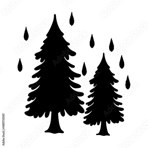 Evergreen trees under rainfall black silhouette vector illustration