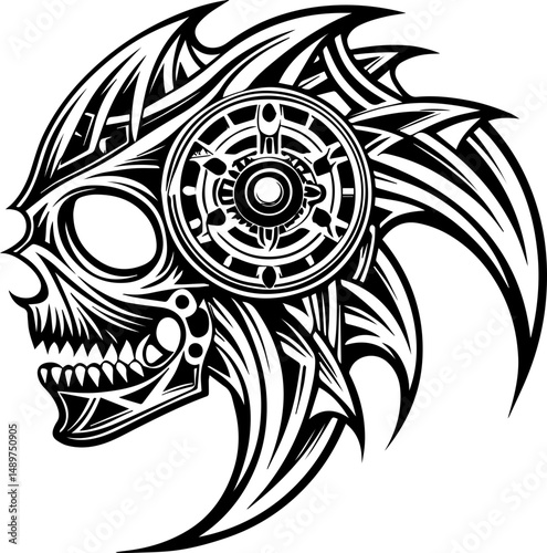 SVG illustration of a mechanical skull. Intricate Skull Design with Circuit Patterns and Feathers