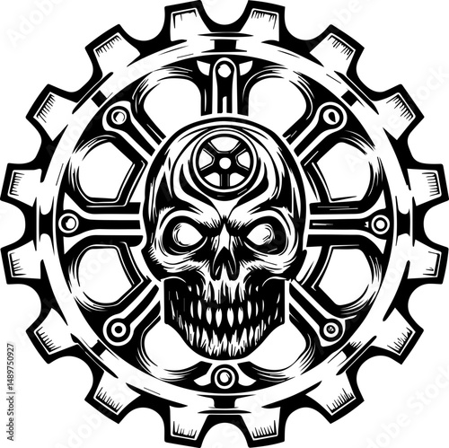 SVG illustration of a mechanical skull. Skull and Crossed Wrenches with Tribal Flames Design