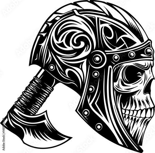 SVG illustration of a mechanical skull. Intricate Skull Design with Tribal Elements and Patterns