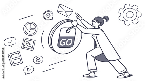 Stick Figure Pressing “Go” Button for Campaign Launch – Minimal Sketch

