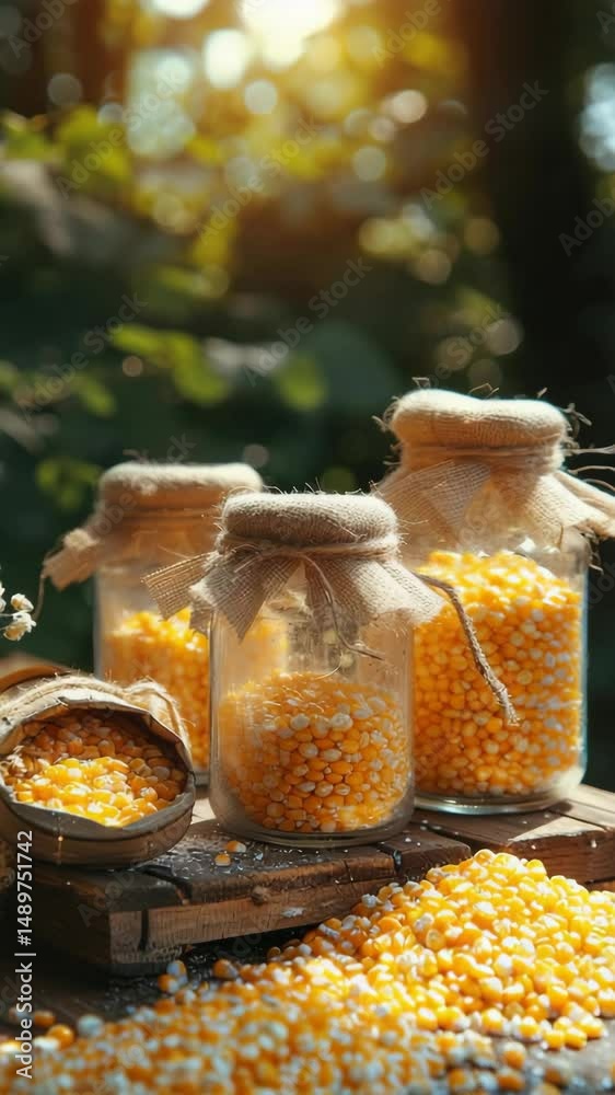 drying corn in glass jars on a wooden background drying corn in glass jars on a wooden background