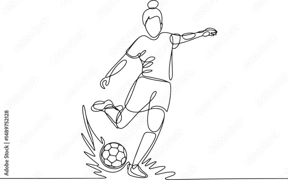 Fototapeta premium One line drawing of a female footballer in action, kicking a ball with strong dynamic motion lines, minimal and energetic line art