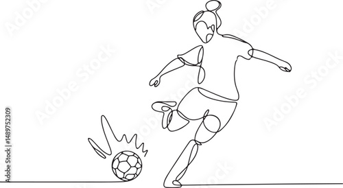 One line drawing of a female footballer in action, kicking a ball with strong dynamic motion lines, minimal and energetic line art

