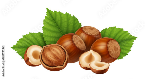 Delicious hazelnuts with green leaves, presented in a mouthwatering, artistic arrangement on black