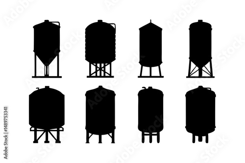 Cylindrical Tank Silhouette Set vector illustration