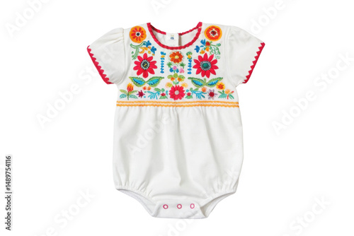 PNG White baby romper with colorful floral embroidery on black background