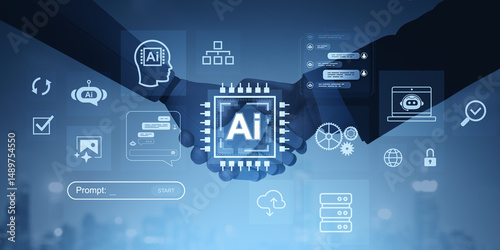 Business handshake with AI technology icons and digital interface elements on blue background representing artificial intelligence collaboration.